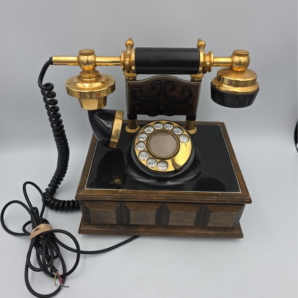 Deco-Tel Rotary Dial Telephone Vintage Gold Black Wood Grain 1330B